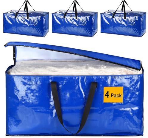 4 Pack Extra Large Heavy Duty Storage Boxes with Lids, Large Strong Packing Boxes for Moving House, Removal Box, Moving Bags, Vacuum Storage Bags Containers (BLUE)