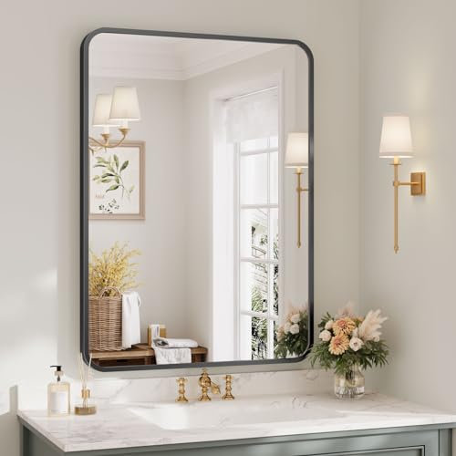 Dripex 55 x 75cm Rectangle Mirror Rounded Corners, Brushed Metal Framed Bathroom Mirror for Wall, Hangs Horizontally or Vertically, for Living Room Bedroom & Hallway, Black