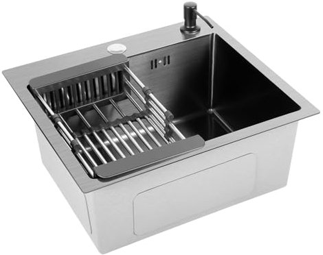 RibasuBB Évier de cuisine en acier inoxydable - 40 x 45 cm - Noir - 1 bac avec distributeur de savon - Évier de cuisine encastrable - Avec panier de vidange - Rectangulaire - En acier inoxydable
