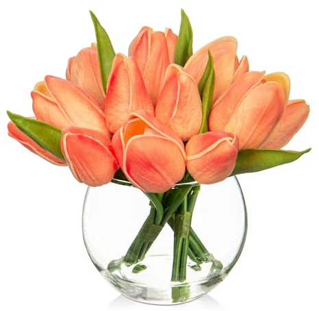 Oairse 14er-Set Künstliche Tulpen mit transparenten Glass Vase, künstliche Tulpen, fühlen Sich echt an, Kunsttulpen-Blumenstrauß-Arrangement für Zuhause, Büro, Hochzeit, Esstisch, Peach Rosa
