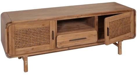 Mendler TV-Rack HWC-M47, Fernsehtisch Lowboard Kommode, Staufächer Schublade, Rattan Akazie Massiv-Holz gebeizt 160cm 32kg