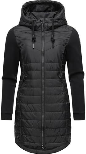 Ragwear Damen Übergangsmantel Lange leichte Steppjacke mit Kapuze und weichen Ärmeln Lucinda Long Black24 Gr. XL