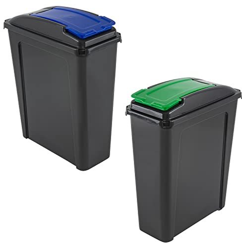 (Set of 2) 25L Litre Recycle Bin Plastic Indoor/Outdoor Slimline Recycling Waste Bin With Flap Lid Kitchen Garden Home Office Rubbish Bin Dustbin Refused Bins Pet Food Container (Blue + Green)