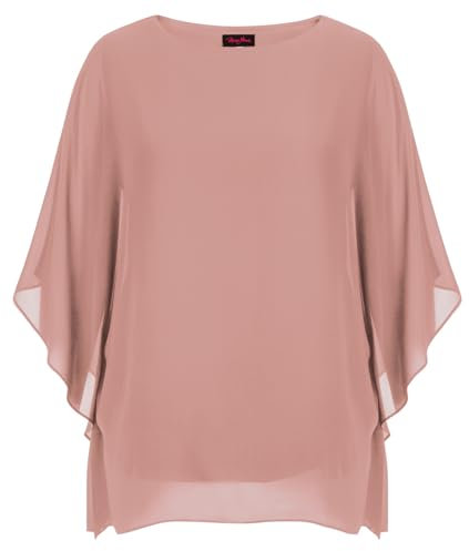 Hanna Nikole Chemisier en mousseline de soie pour femme - Grande taille - Élégante - Chauve-souris - Double couche - Longue chemise ample, rose clair, 24 Plus