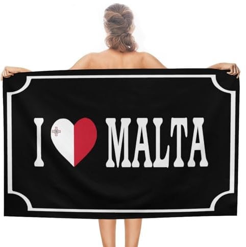 CustonCares I Love Malta - Telo mare pre-lavato, compatto, senza sabbia, da viaggio, vintage, con bandiera del paese, 78 x 130 cm, per adulti, uomini e donne