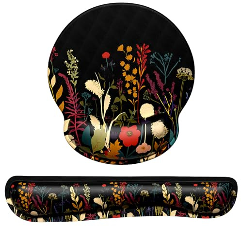 Dapesuom Keyboard Wrist Rest and Mouse Pad with Wrist Support, Cute Memory Foam Cushion for Keyboard and Mouse Set, Desktop Pad Rests with Non Slip Base for Easy Typing & Pain Relief, Floral Cartoon