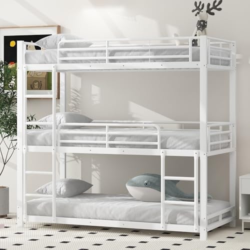Lcoho Bettgestell Metallbett, Etagenbett, Eisenbett, Dreifach-Etagenbett für Kinder, Jugendliche und Erwachsene (Weiß)