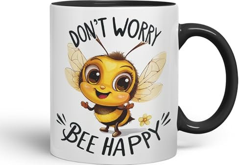 Vixar Don’t Worry Bee Happy Bees Joke sarkasm Sarcastic Ceramic Coloured Mug Cup for Tea Coffee Hot Brew 330ml 11Oz Gift (Black)