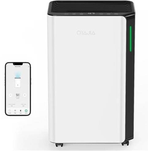 OYAJIA Weiß Luftentfeuchter 20L/D, 4.3L Wassertank, mit WLAN-APP und Touchscreen, verfügt die Funktionen Entfeuchten/Trocknen/Wasser voll-Erinnerung/Schlafmodus/Auftauen/Luftreinigung.