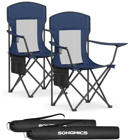 SONGMICS Campingstuhl 2er Set, Klappstuhl Outdoor, Angelstuhl, hohe Rückenlehne, verstellbare Armlehnen, Getränkehalter, klappbar, bis 150 kg belastbar, Camping Garten, hafenblau GCB028Q01