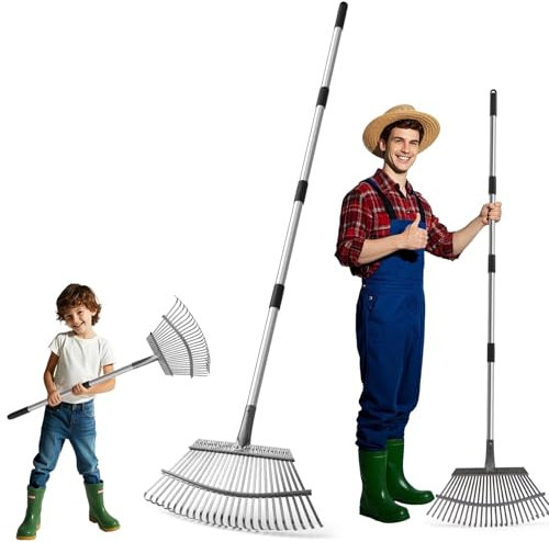 CJYMMFAN - Rastrello per foglie con manico telescopico con 25 denti, kit di attrezzi da giardino per raccogliere foglie o erba tagliata (lunghezza gambo 170 cm)
