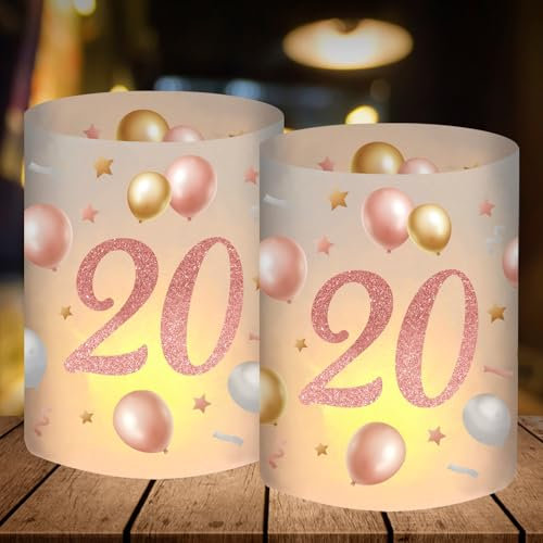 12 Windlicht Tischdeko, Deko 20 Geburtstag Frau, Geburtstagsdeko 20 Jahre Frauen, 20 Geburtstag Frau Geschenk Happy Birthday Tischdeko Rosegold, 20. Hochzeitstag Deko, für Teelichter oder Kerzen