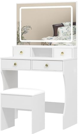 Panana Dressing Table with Full-Length Mirror, 4 Drawers Storage Vanity Desk Set with Adjustable LED Lights, Cushioned stool for Bedroom Dressing Room
