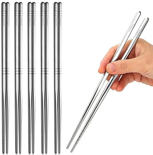HI NATURE™ Juego de palillos – 5 pares de palillos reutilizables de acero inoxidable – Antideslizantes y aptos para lavavajillas – Palillos de metal coreanos – Juego de regalo para sushi