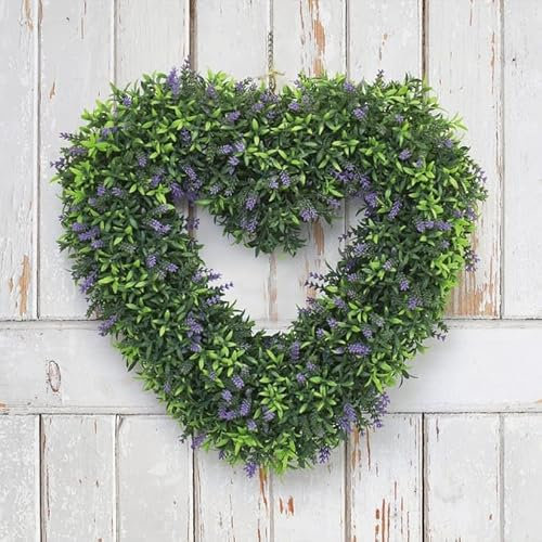 FAHAAM Heart-Shaped Artificial Lavender Wreath, Garden Hanging Hearts Ornament, Green Boxwood Leaves, Artificial Hanging Rose Heart, Lavender Flowers, Green Hearts Wreath for Front Door,