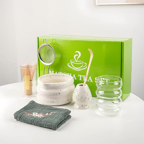 Matcha Besen Set mit Matcha Schale, 8-teiliges Weiß Matcha-Tee-Set Matcha-Besen und -Halter, Matcha Glas, Schaufel, Sieb und Tee-Tuch
