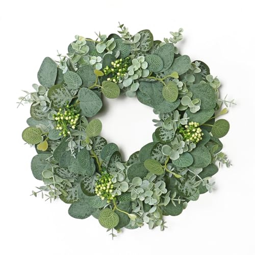 UXORSN Kranz für Haustür 30cm Künstliche Eukalyptus Türkranz Frühlings Sommer Deko Grünkranz mit Beeren Grüner Blatt Willkommen Kränze Türkranz Ganzjährig für Wände Fenster Bauernhaus Türdekoration