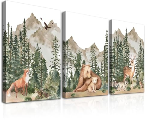 Dazzlewall 3 Stück Tiere Wandbilder, Hirsch Bär Fuchs Wand Kunstdrucke, Aquarell Waldtiere Leinwand Bilder für Zimmer Dekor Mit Rahmen 30x40 cm