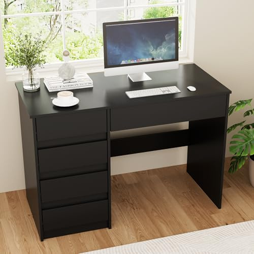 VOWNER Schreibtisch mit 5 Schubladen, Schreibtisch Computertisch mit Stauraum, PC Tisch für Jugendzimmer Schlafzimmer | Arbeitstisch,110x50x75 cm (Schwarz)