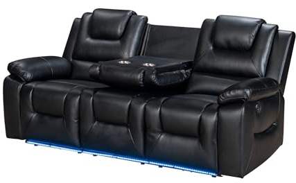 Sofahub Vancouver Leather Electric Recliner Sofa for Living Room | Premium Power Recliner 3 Seater Sofa with Cupholders, LED LIghts & Cushioned Comfort | Home Cinema Sofa (Black, 3 seater)