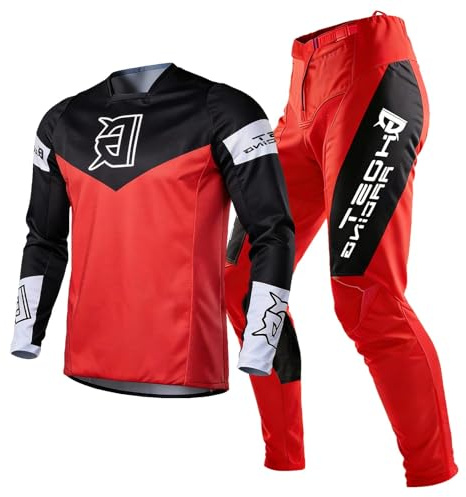 SHUOJIA Uomo Completo Maglia e Pantaloni da Motocross Set di Ingranaggi MX Dirt Bike Offroad Equitazione Razza Adulto BMX ATV MX Enduro (Red,XL)