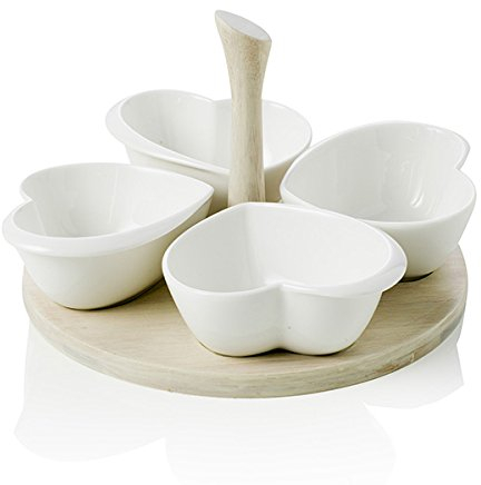 Brandani 54604 - Pirofila per antipasti a forma di quadrifoglio in porcellana e bambù naturale, colore: Bianco