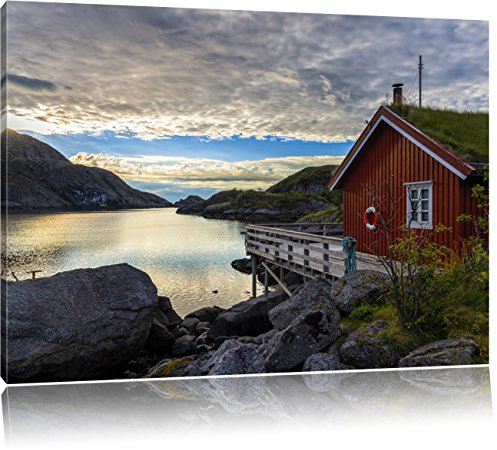Pixxprint Sonnenaufgang am Fjord Norwegens, Größe: 120x80cm, Leinwandbild, fertig gespannt, Wandbild, Dekoration, Kunstdruck, kein Poster