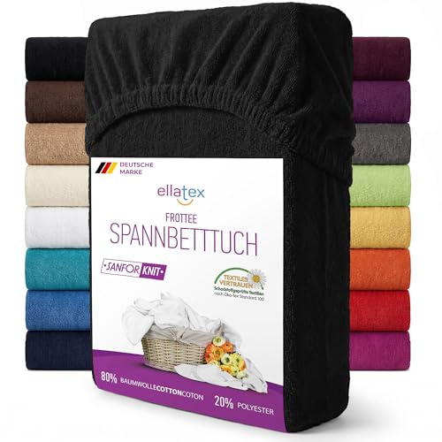 EllaTex Frottee Spannbettlaken 180x200–200x220 extra hoch 40 cm – 200 g/m², für Boxspringbett & Wasserbett, weich & strapazierfähig, Farbe: Schwarz