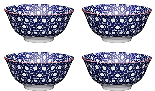 KitchenCraft Set of 4 Glazed Stoneware Bowls with Geometric Floral Pattern, Blue & White Ceramic Bowls with Footed Base, Microwave & Dishwasher Safe, 15.7 cm (6) Blue Floral
