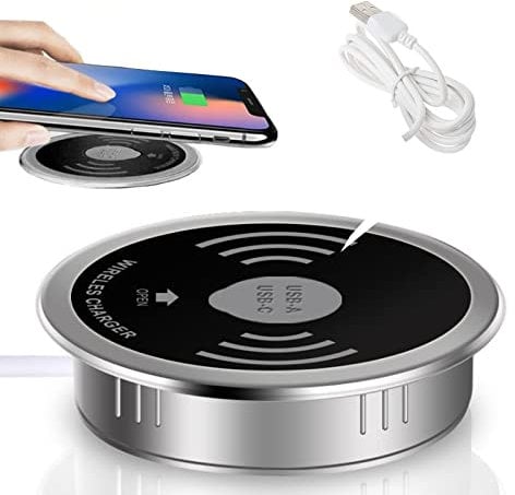 Furniture Grommet Desk Surface Port Hole Fast Wireless Charging,Portable Desk Fast Usb-C De 15w,Dispositivo De Escritorio Integrado For Furniture Embedded Wireless Charger,Silver