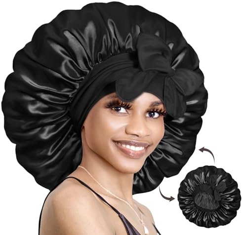 BONNET QUEEN Seidenhaube zum Schlafen mit Haarschutz für Nacht, Doppelseitige Schlafhaube Seide für Lange Haare & Locken, Verstellbare Satin Haarhaube für Damen mit Bindeband, Schwarz