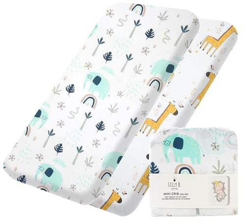 GOTS 2 Bettlaken aus Bio-Baumwolle, 120 x 60, ausgestattet, kompatibel mit Next2me, Snuzpod und Allen Beistellbetten, Mini-Krippen bis zu 120 x 60 cm, Packung mit 2 Laken (Jungle)