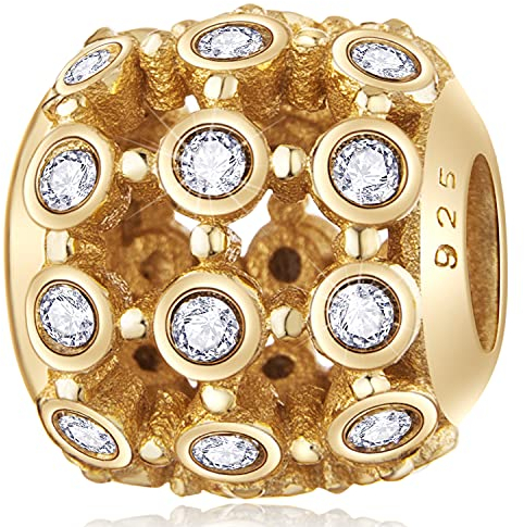 18K Gelbgold Vergoldet im Scheinwerfer Openwork Charms, Fit Pandora Gold Armband, 925 Sterling Silber klare Kristall Gelbvergoldet Bead, Geschenk für Frau/Tante/Nichte/Cousin