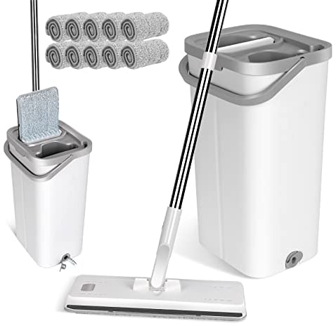 Masthome Wischmopp Set mit Eimer,140cm Edelstahl Griff Wischmop und Putzeimer Set,Bodenwischer mit 5 Mikrofaser Pads, Wischer Boden mit Auswringfunktion für Alle Böden