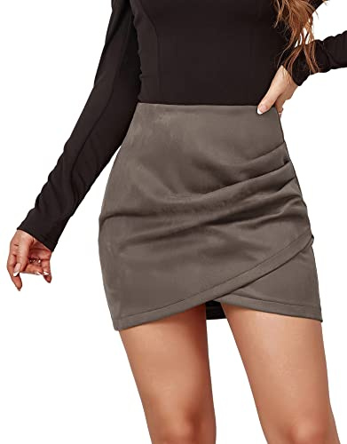 FEOYA Women's Faux Suede Mini Skirt Ruched High Waisted Bodycon Skirt Wrap Zip Up Sexy Irregular Stretch Slim Fit Skinny A Line Skirts Solid Color Autumn Winter Spring Warm 06 Grey XL