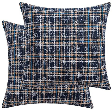 Kissenbezug Weihnachten 2 er Set, Qelus Weihnachtskissenbezug Kariert Schneeflocke 45x45cm, Dekorative Kissenhülle Kissenbezüge Baumwolle Polyester, für Wohnzimmer Sofa Schlafzimmer (Blau)