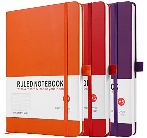 Notebook A5, 3 Pack Journal A5 Notebook 200 Pages 80 GSM Journal Notebook Hardback Notepad with Lined Pages, Pen Loop and Expandable Paper Pocket, Journal Notepad Note Book (Red, Purple, Orange))