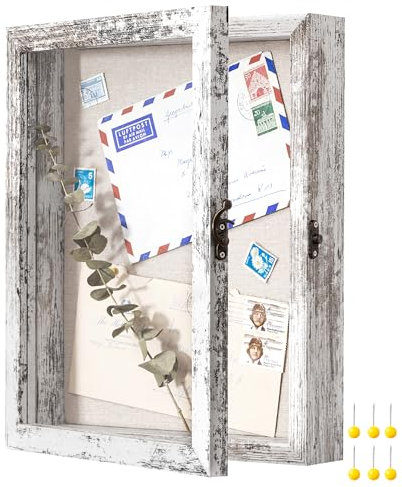 eletecpro 21,6 x 28,9 cm Schattenbox mit HD-Glas und Leinenrückseite, horizontale und vertikale Vitrine mit Vintage-Riegel, Sammlungen für Münzen, Briefmarken und Comic-Buch, Used-Look, Weiß