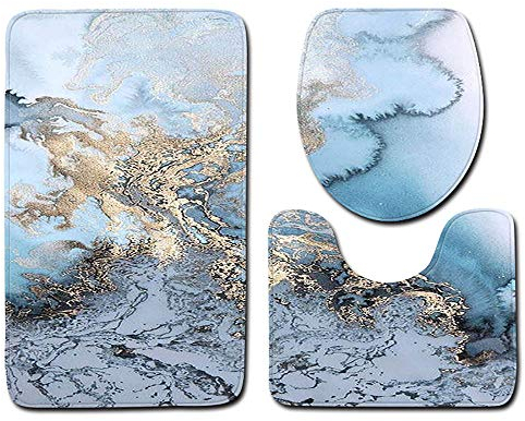 Badezimmer Badematte 3 Teilig Set Rose Flower Mädchen Mit Blumen Regentropfen Teppich Flanell Saugfähig Badteppiche Badvorleger Badgarnitur WC Vorleger (T-blau, Einheitsgröße)