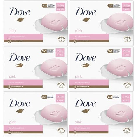 Dove Pink Moisturising Beauty Cream Bar 3 in 1 Cleanses, Moisturises and Nourishes Soap for Soft, Smooth Skin Vegan, Crealty Freee and Dermatologically Tested Beauty Soap 2x90g, 6 Pk