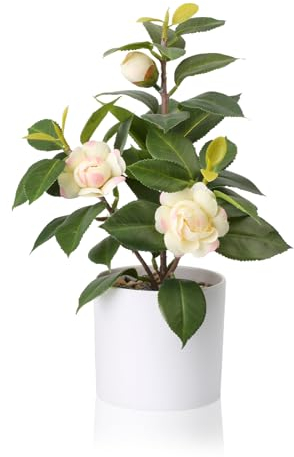 Tuocal künstliche Pflanze im Topf 28cm Faux Kamelie Grün Kunstpflanzen Fake Getopft Kleinen Bonsai Pflanze für Home Office Wohnzimmer Regal Schreibtisch Dekoration, Gelb