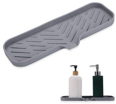Roucerlin Bathroom Silicone Soap Dish with Drain Spout, Kitchen Soap Tray with Drainage, Self Draining Sink Dish Sponge Holder Mat Organizer for Dispenser Scrubber Bottle Counter (L, Gray)