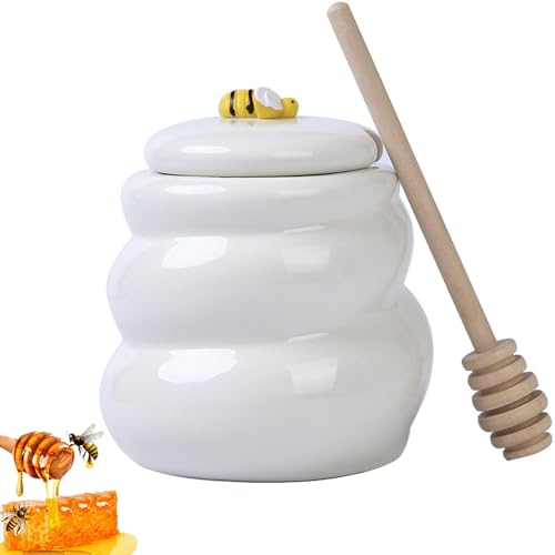 AADDFDD Frascos de miel de cerámica de 15oz con tapas y cucharón de madera, recipientes de porcelana para miel de abeja para cocina casera 415ml/15oz white