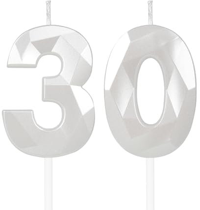 White 30th Birthday Candles for Cake, Number 30 Candle for 30th Birthday Decorations, 3D Design Cake Topper Decor for Boy Girl Women Men Birthday Theme Party Weddings Anniversary Celebration Supplies