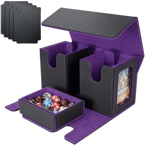 AFIING MTG Commander Deck Box 200 Double Sleeved Cards Storage, 3-in-1 Magnetic Card Case Organizer for Magic: The Gathering TCG CCG, 4 Dividers & 2 Toploaders Black/Purple