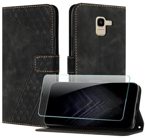 JayModCase Custodia per Samsung Galaxy J6 2018 con protezione per schermo, Custodia Pelle Sintetica Portafoglio con Magnetica a Scatto Slot per scheda Cavalletto per Galaxy J6 2018 - Nero