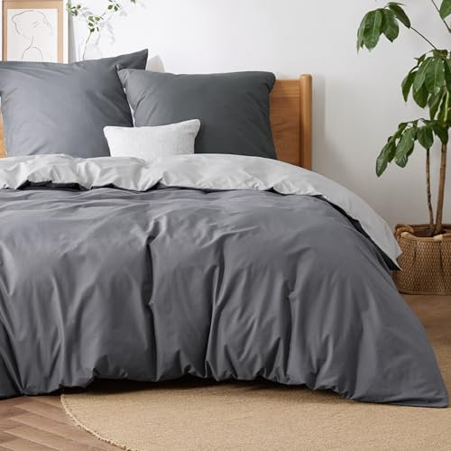 BEDSURE Bettwäsche 155x220 Baumwolle Anthrazit Grau - Bettwäsche-Sets 155 x 220 cm Wendebettwäsche 3teilig mit 2 Kissenbezüge 80x80 cm, Oeko-TEX Zweifarbiger Bettbezug mit Reißverschluss