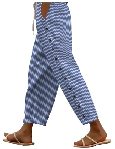 EMATOP 7/8 Leinenhose Damen Sommer Leicht Sporthose Baumwolle Leinen Stoffhose Lockere Einfarbig Sommerhose Lässig High Waist Strandhose mit Taschen Freizeithose Elegant Haremshose für Frauen