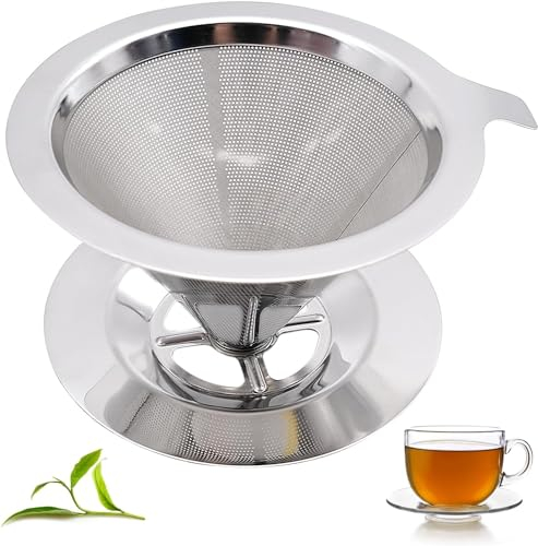 Pour Over Coffee Dripper, Permanent Coffee Filter, Stainless Steel Mesh Dripper Paperless Drip Cone Coffee Filter with Holder for Manual Coffee Maker (1-3 Cups)