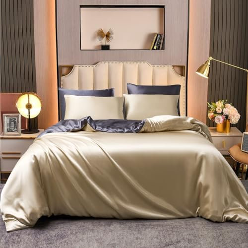 Funda nórdica de 220 x 240 cm, satén dorado, beige, adulto, 2 personas, satén, juego de ropa de cama, lisa, seda, lisa, sedosa, brillante, moderno, conjunto de ropa de cama con cremallera y 2 x 65 x